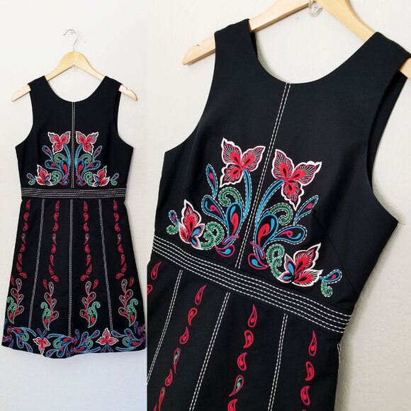 Anthropologie Maeve Chennai Embroidered Paisley Floral Mini Dress Black Size 6 - Picture 6 of 15